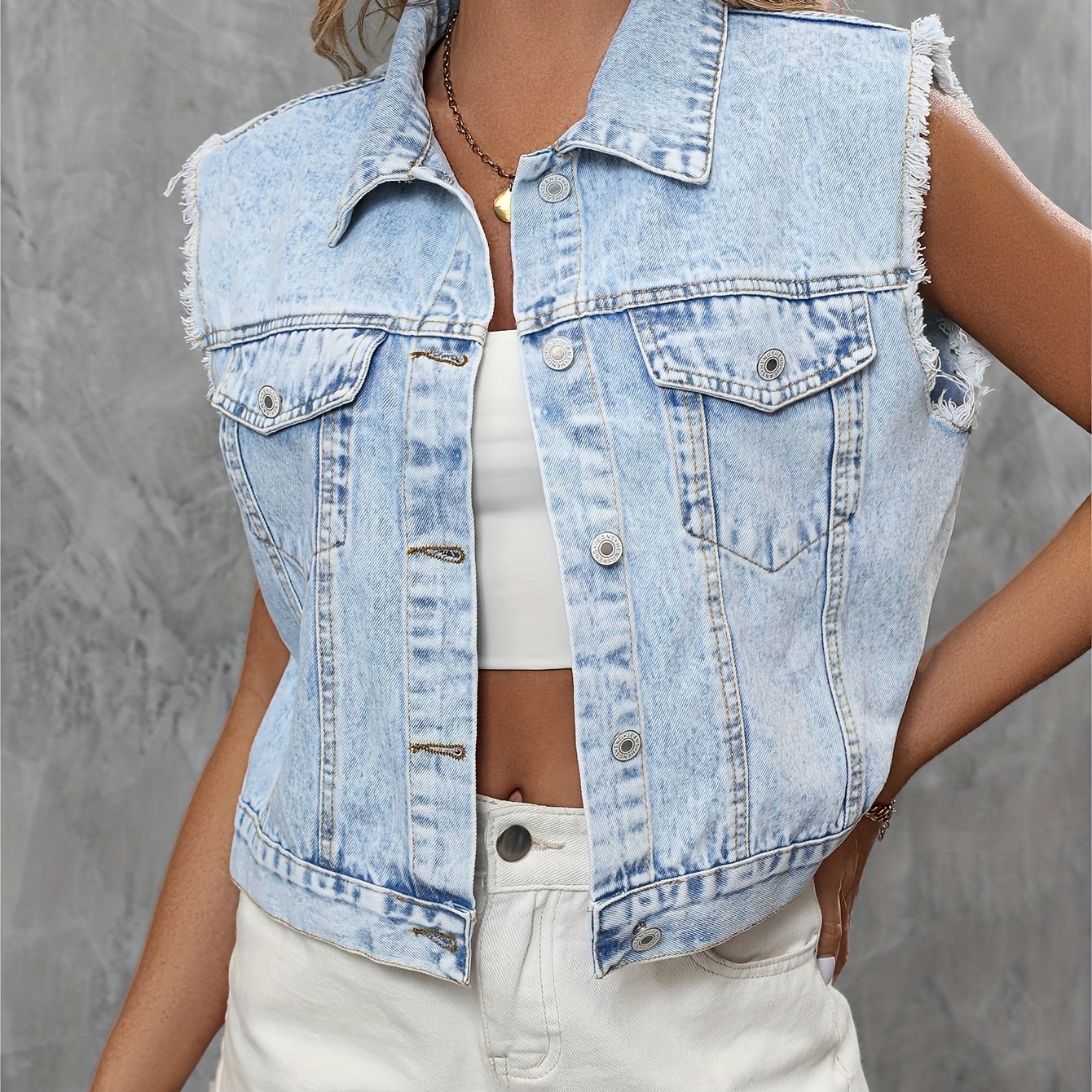 Sleeveless Denim Vest Flap Pockets Lapel Denim Jacket Women's Clothing