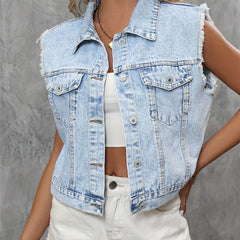 Sleeveless Denim Vest Flap Pockets Lapel Denim Jacket Women's Clothing