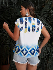 Casual Blouse Women's Plus Feather & Ikat Print Top