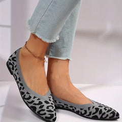 Leopard Print Knit Flat Shoes Soft Sole Slip On Casual Ballet Flats