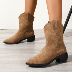 Retro Western Mid Calf Boots Embroidered Pointed Toe Chunky Cowgirl Boots
