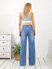Cargo Pocket Whiskering Denim Pants Loose Straight Leg Jeans