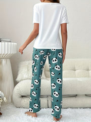 Panda Print Pajama Set Short Sleeve Top & Pants