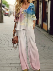 Women's Plus Marble Print Top & Wide Leg Pants Set
