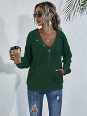 Solid Half Button Kangaroo Pocket Hoodie