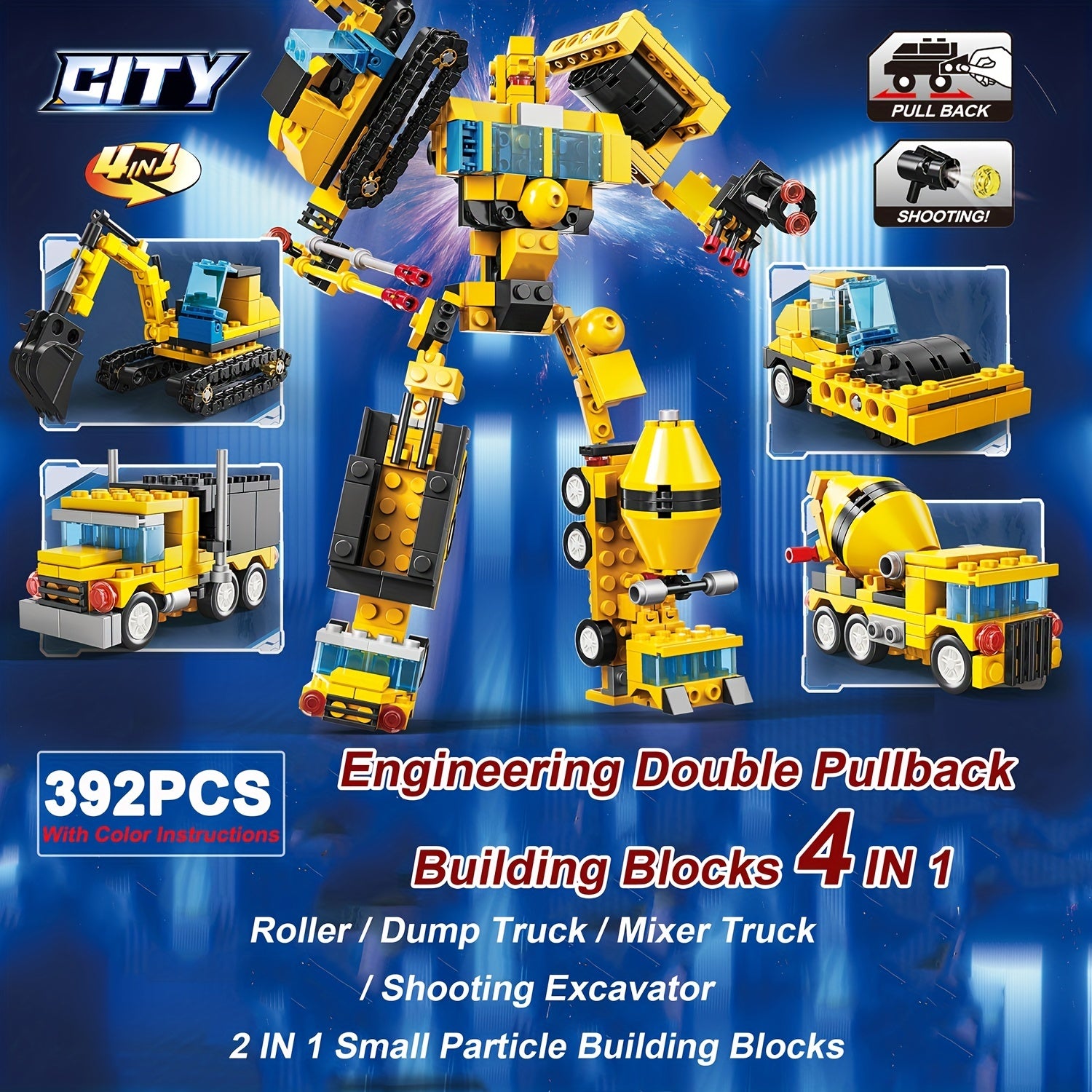 4 IN 1 Engineering Building Blocks Roller Dump Truck Mixer Excavator Model Robot