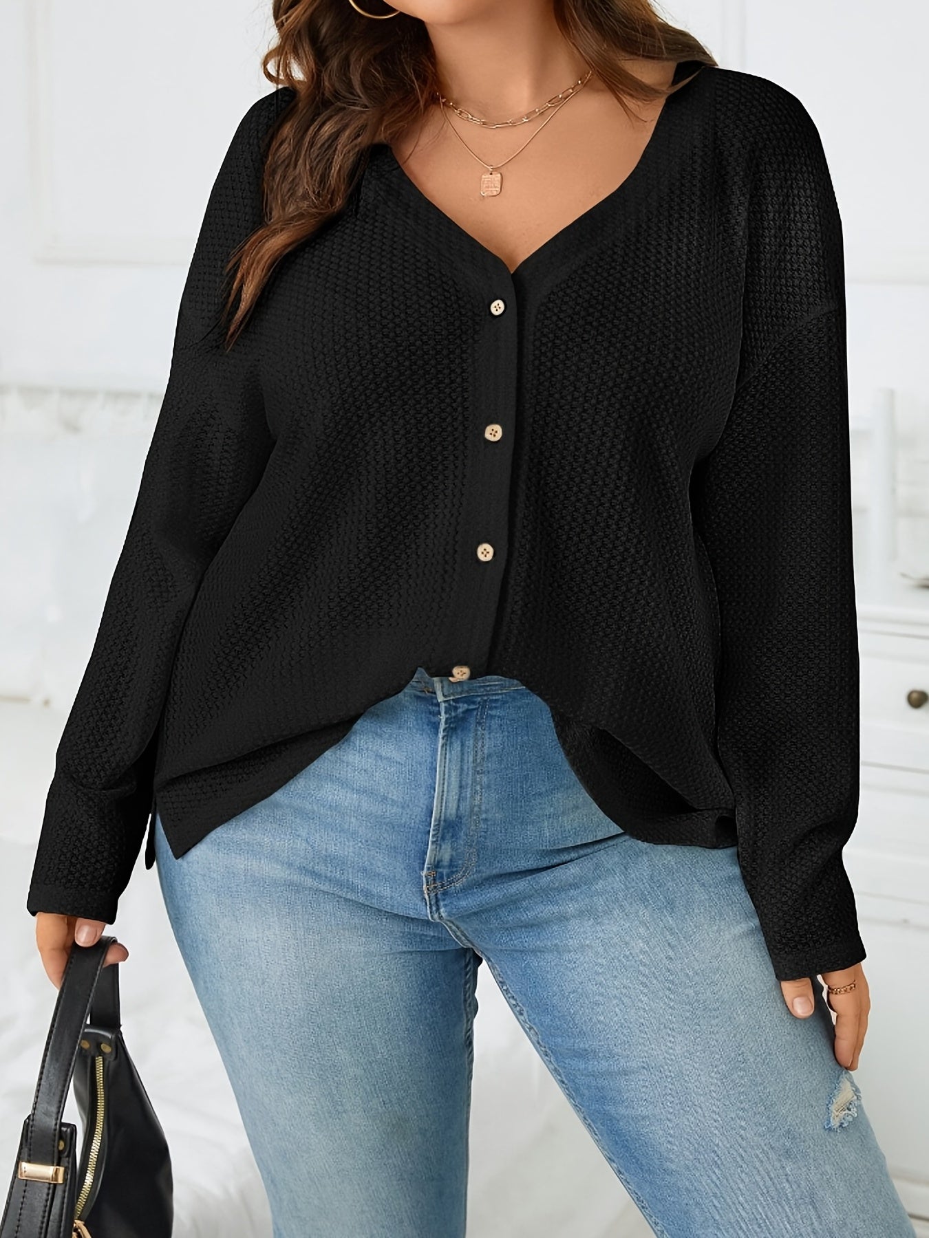Casual Cardigan Solid Long Sleeve Button Up Waffle Knit Cardigan