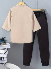 2pcs Boys Soild Casual Long Sleeve Shirt&Pants Sets