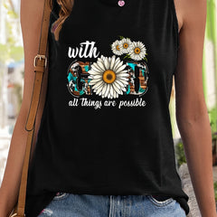 Floral & Letter Print Sleeveless Sports Vest Round Neck Casual Tops