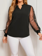 Blouse Women's Plus Solid Mesh Long Sleeve Top