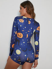 Halloween Pumpkin Print Pajama Romper V Neck Pajamas Women's Lingerie