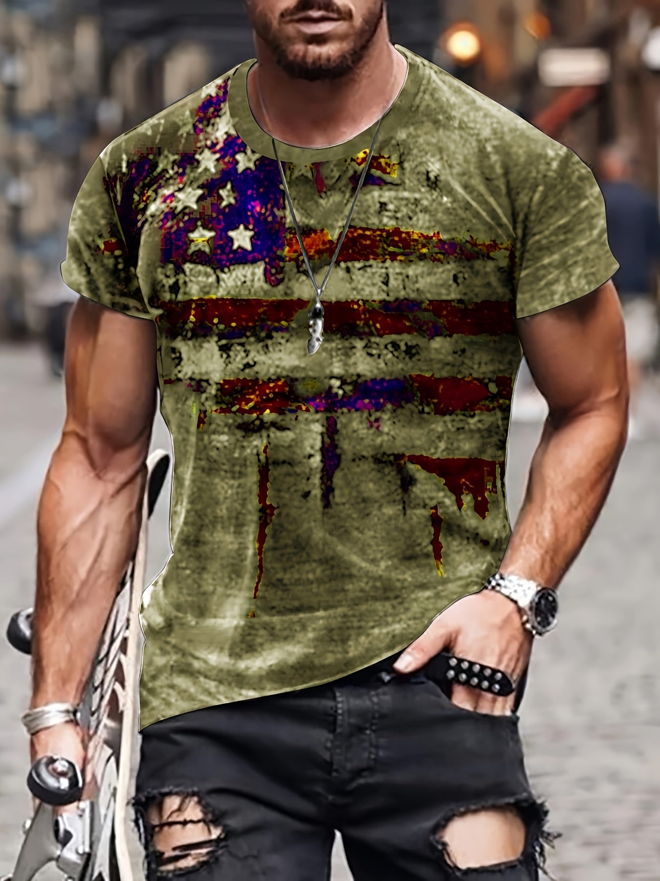 Men's Vintage Style Printed Sports T-shirt Round Neck Tee Shirt