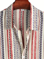 Men's Vintage Lapel Shirt Button Up Short Sleeve with Stripes & Graphics