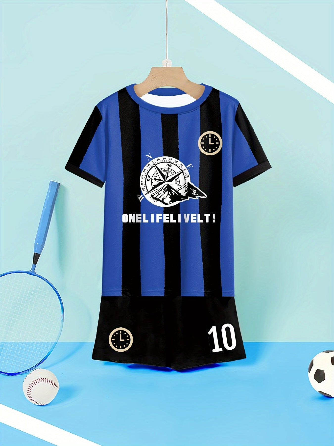 Girls Striped Letter & Number Print 2pcs Jersey Tee & Shorts Set