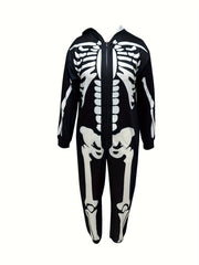 Gothic Skeleton Print Zipper Hooded Jumpsuit