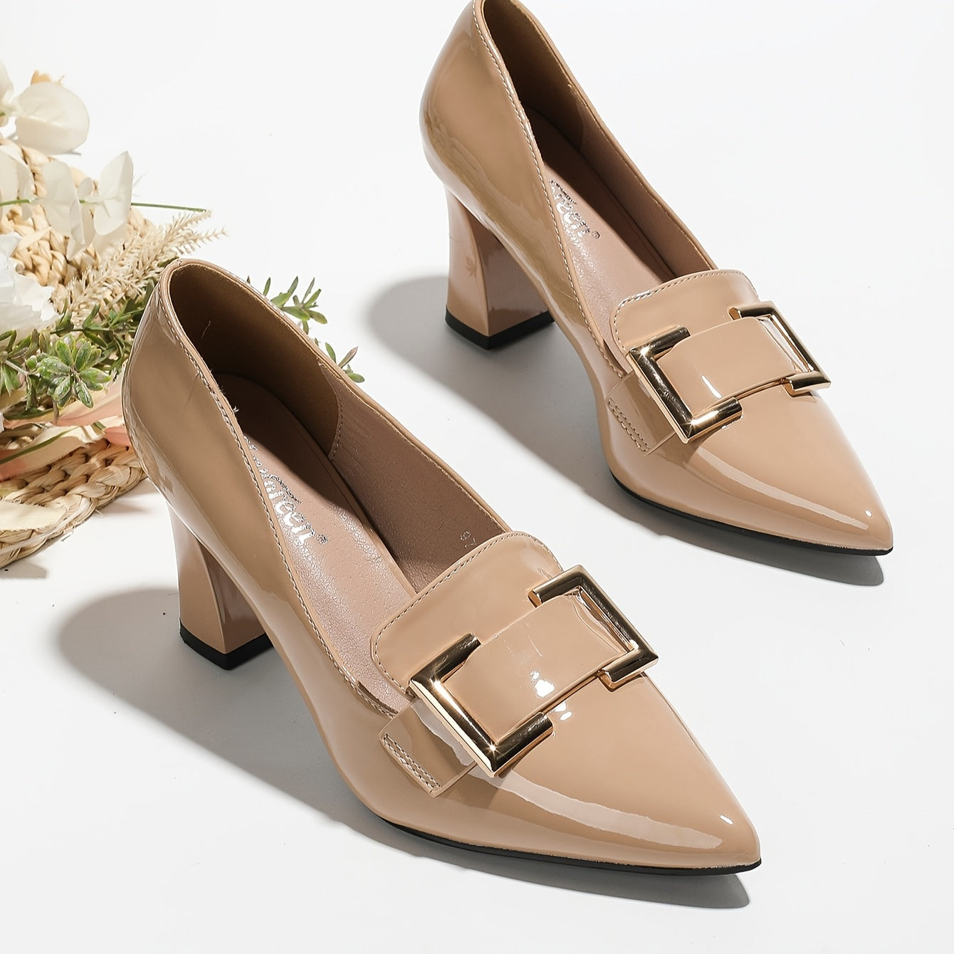 Women's Pointed Toe High Heels Metallic Buckle Decor Patent Leather Pumps