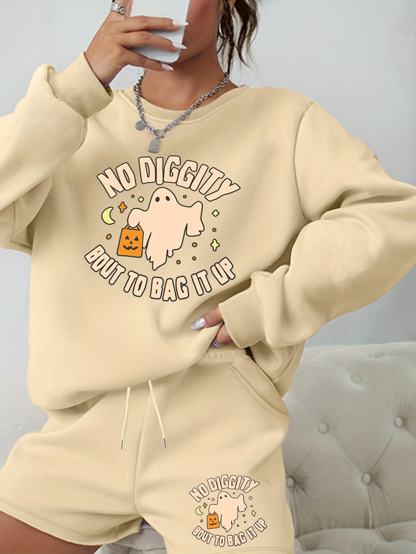 Women's Halloween Graphic Print Sweatshirt & Shorts Set