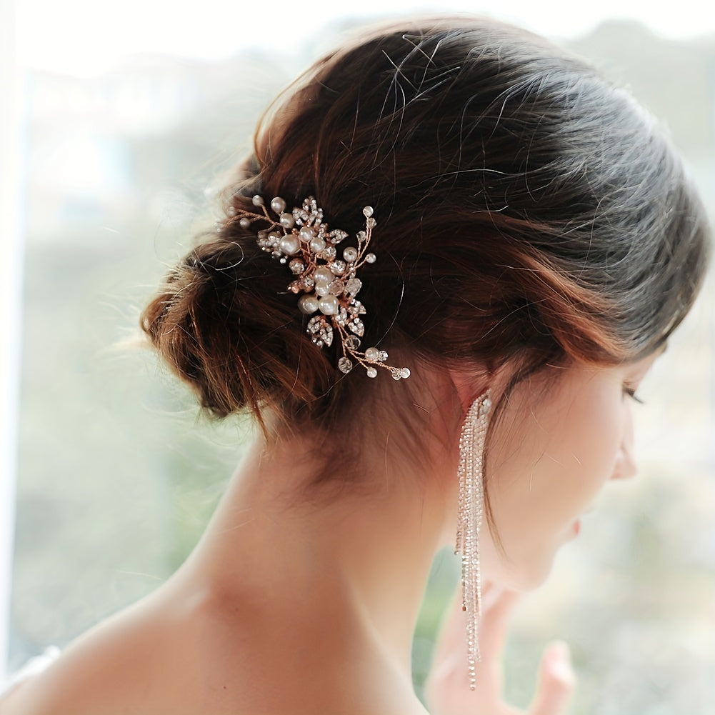Bridal Faux Pearl Crystal Hair Comb, Wedding Rhinestone Insert Comb