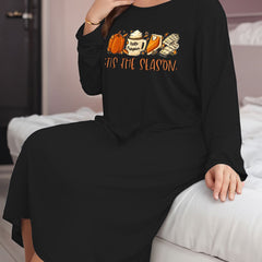 Thanksgiving Loungewear Dress Women's Plus Pumpkin & Cake Print