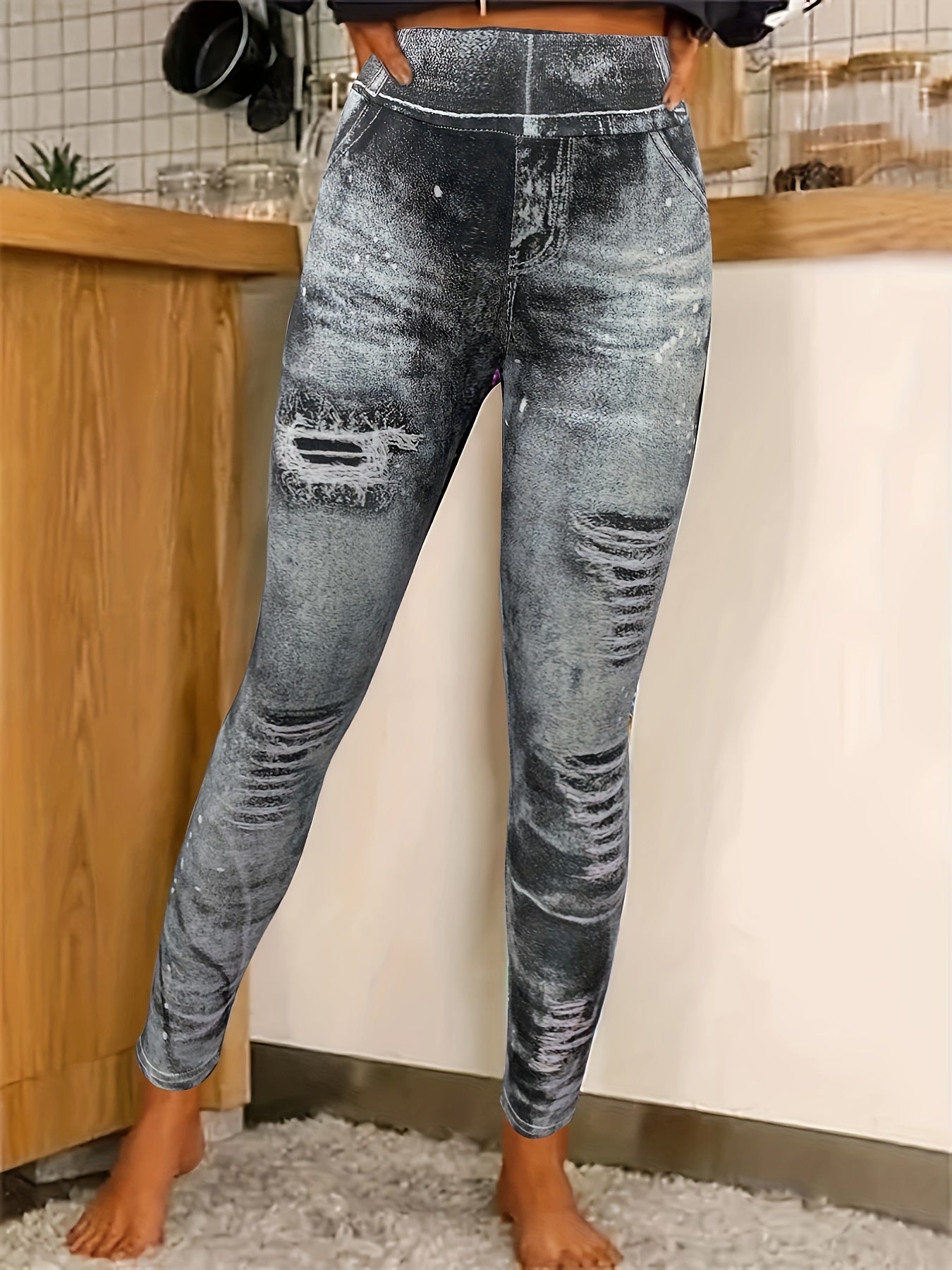 Denim Stretch Leggings Tummy Control Butt Lifting Workout Yoga Pants