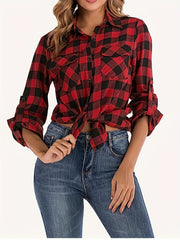 Gingham Print Button Up Long Sleeve Blouse