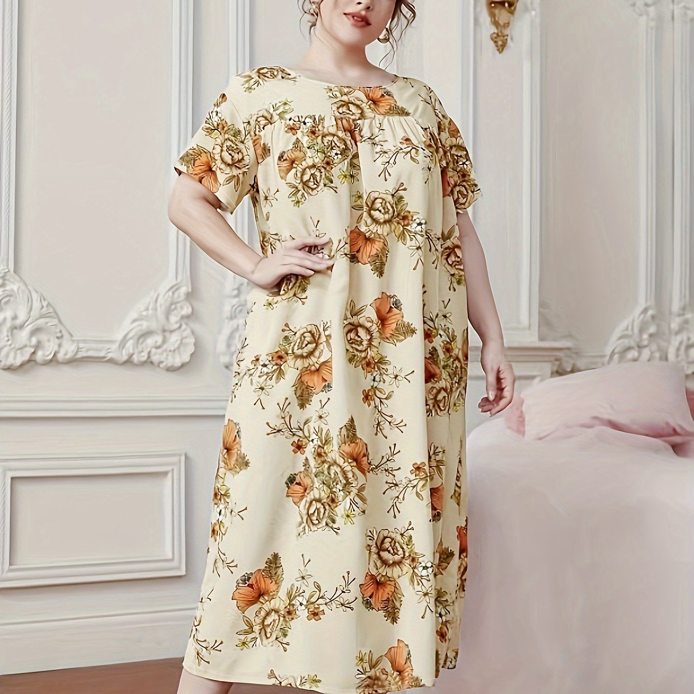 Floral Print Short Sleeve Lounge Dress