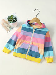 Girls Winter Hooded Jacket with Rainbow Stripes and Zipper Pockets