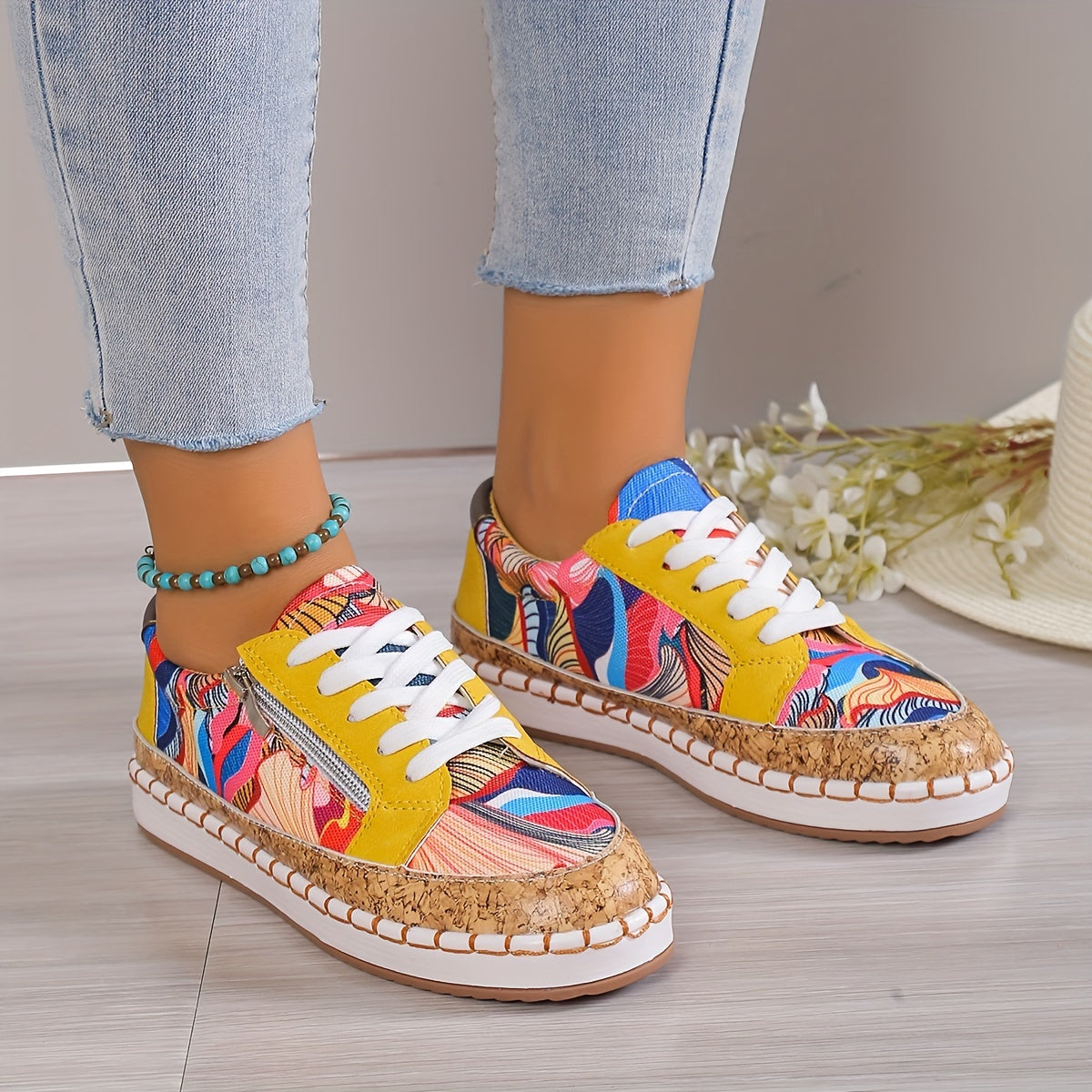 Women's Tribal Print Sneakers Low Top Lace Up Shoes