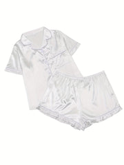 Pajama Set Satin Short Sleeve Shirt & Shorts Home Wear Two Piece