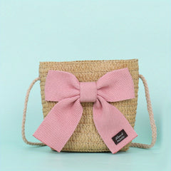 Kids Straw Crossbody Bag Small Bow Coin Purse Mini Shoulder Bags