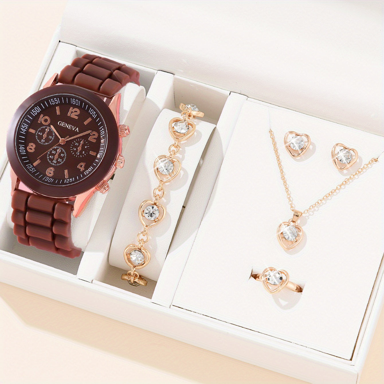 Silicone Quartz Watch & Rhinestone Heart Jewelry Set, Students Gift