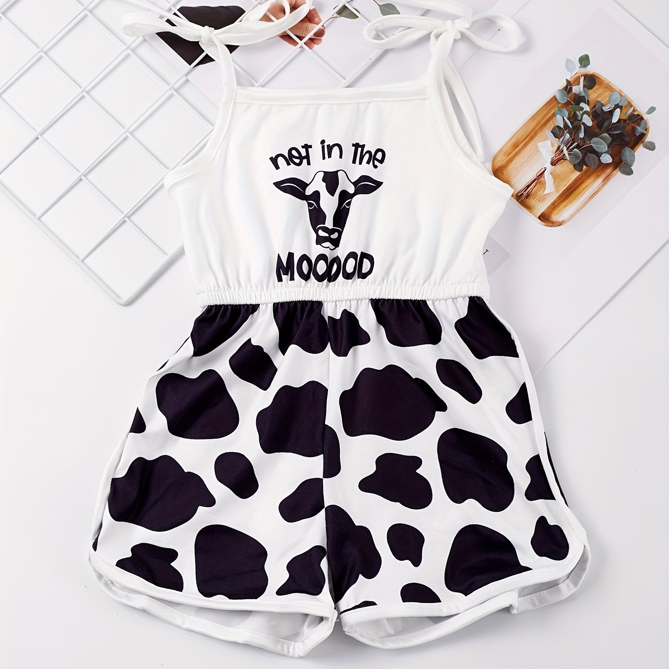 Toddler Girls Cow & Letter Graphic Shoulder Bow Cami Rompers Jumpsuits