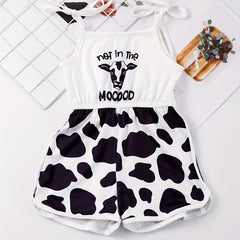 Toddler Girls Cow & Letter Graphic Shoulder Bow Cami Rompers Jumpsuits