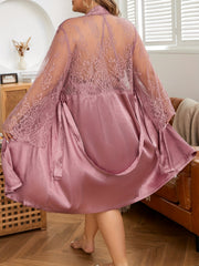 Satin Lace Robe & Cowl Neck Dress Lounge Set