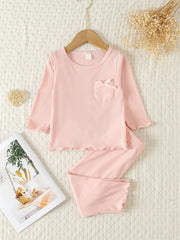 Toddler Pajamas 2pcs Ribbed Top & Pants Set Solid PJ Set Girl's Loungewear