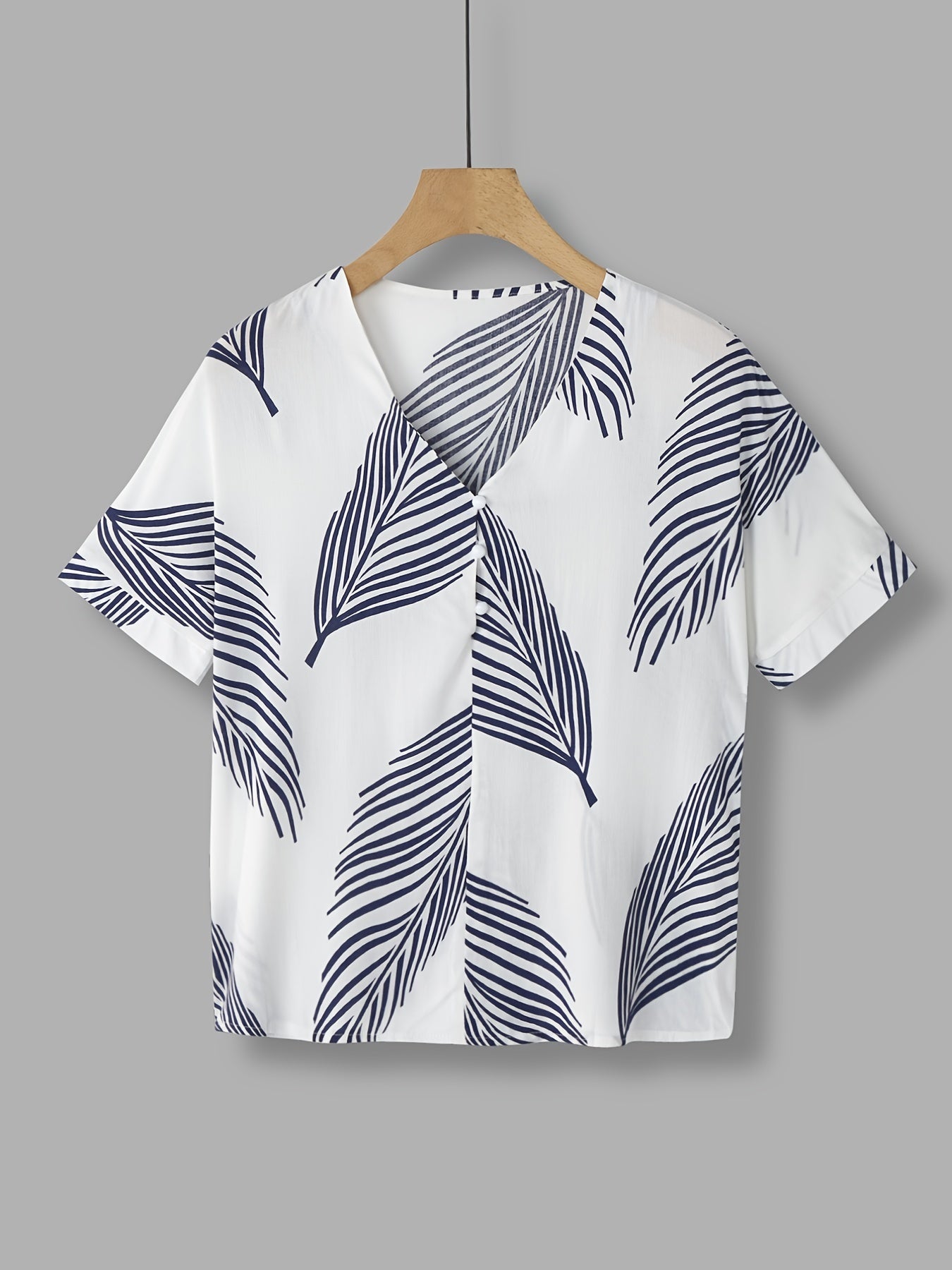 Faux Pearl Button Blouse V Neck Short Sleeve Women's Top