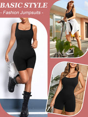 Ribbed Square Neck Sleeveless Romper High Elasticity Jumpsuit