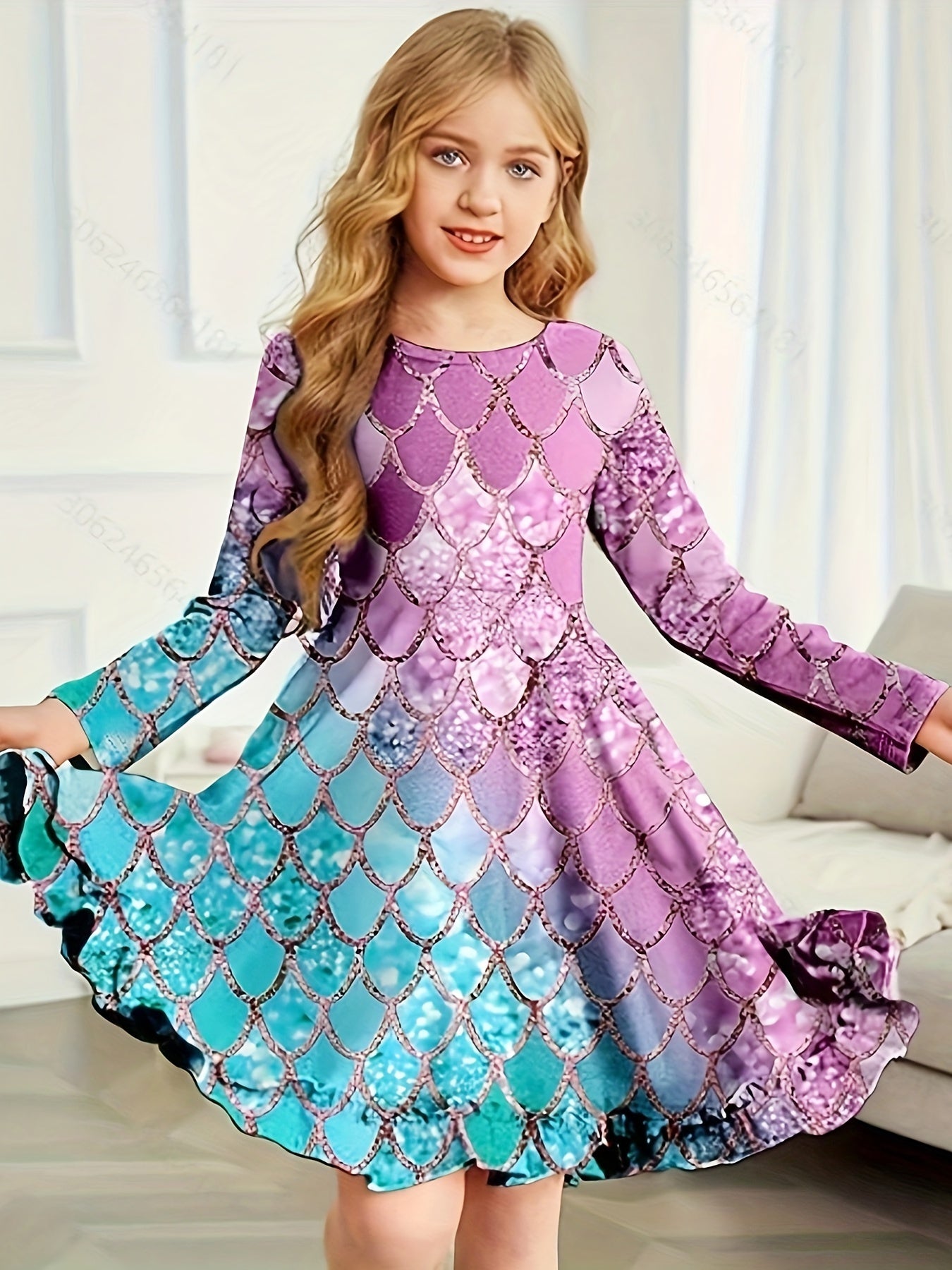 Dreamy Girls Gradient Fish Scale Print Long Sleeve Dress