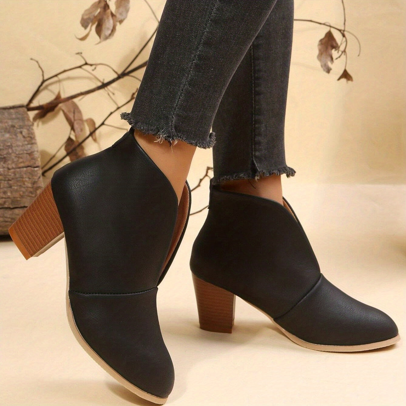 Vintage V-Cut Block Heel Ankle Boots