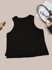Ribbed Tank Top Solid Color Round Neck Summer Sleeveless Tee