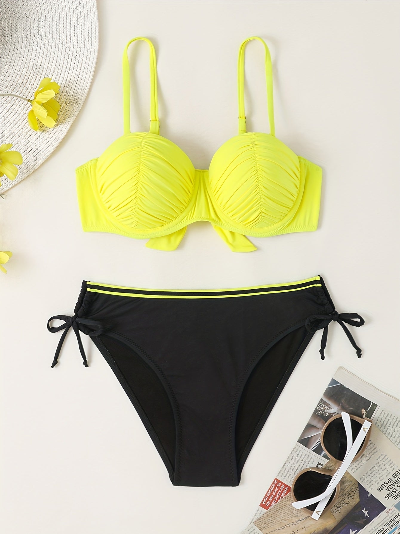 Yellow Ruched Bust Bikini Set Tie Back Contrast Trim Bathing Suit