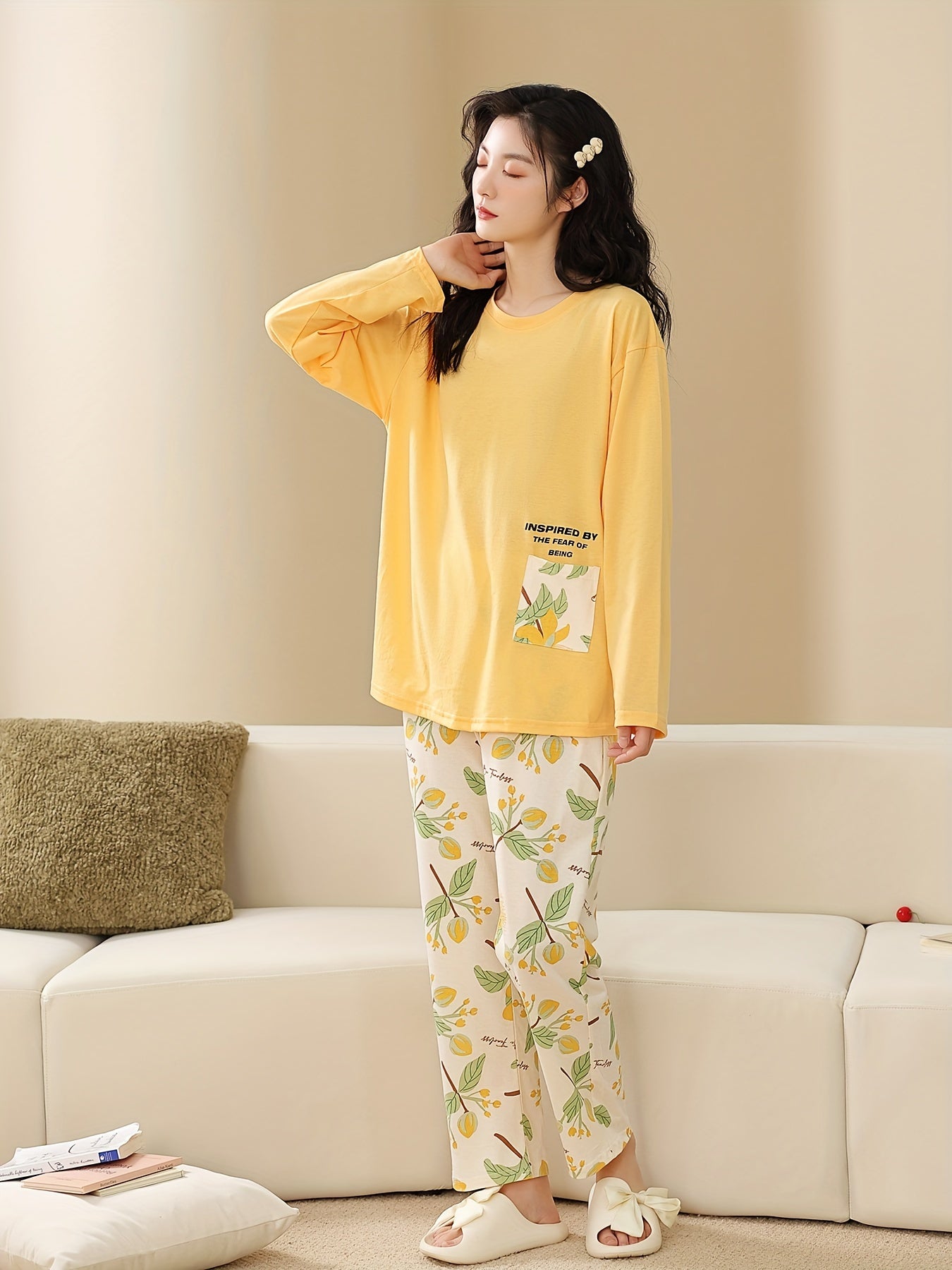 Floral Print Pajama Set Long Sleeve Crew Neck Top & Elastic Waistband Pants