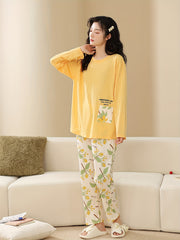 Floral Print Pajama Set Long Sleeve Crew Neck Top & Elastic Waistband Pants