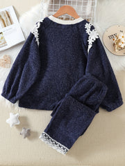 Girl's Fleece Pajama Set Lace Decor Long Sleeve Top & Pants