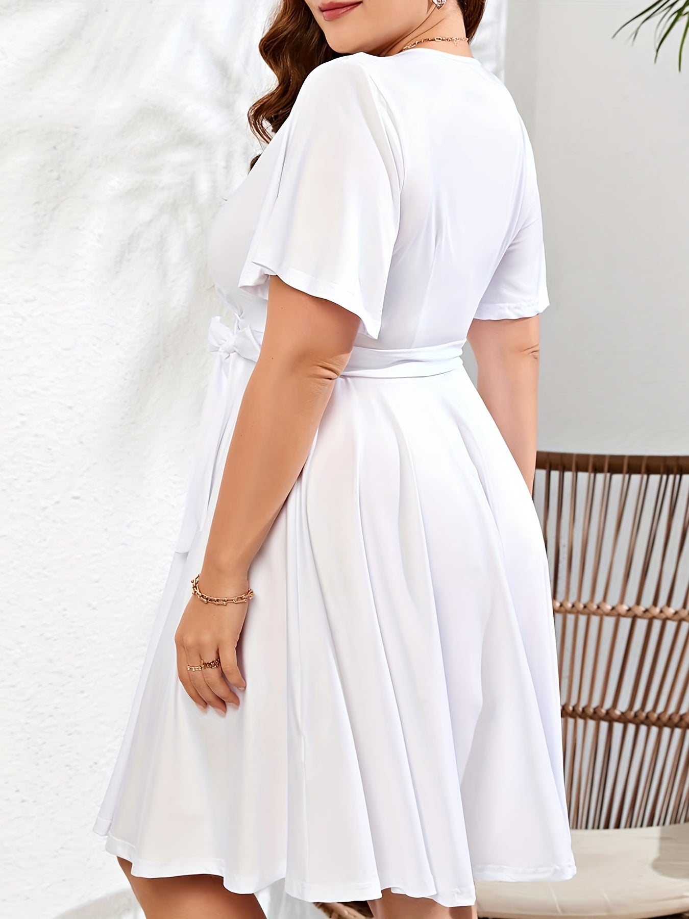 Solid Flutter Sleeve Stretch Midi Dress With Belt