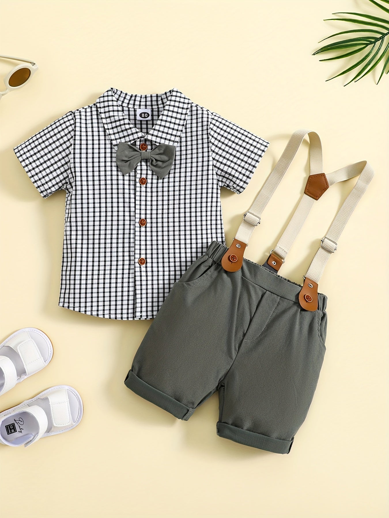 Boy's Gentleman Style Suit Set with Suspenders Shorts & Bowtie Shirt