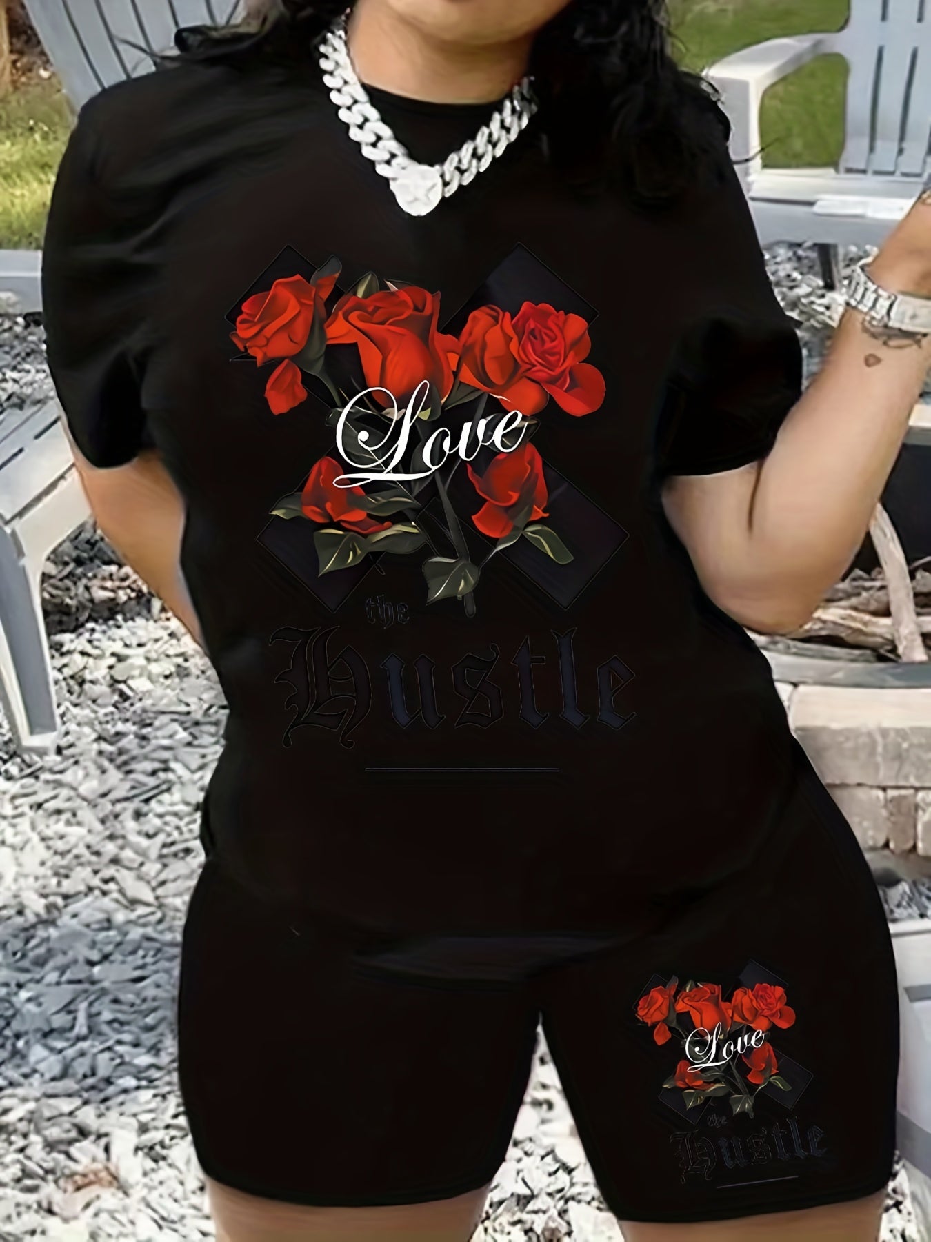 Rose & Letter Print Top & Shorts Set