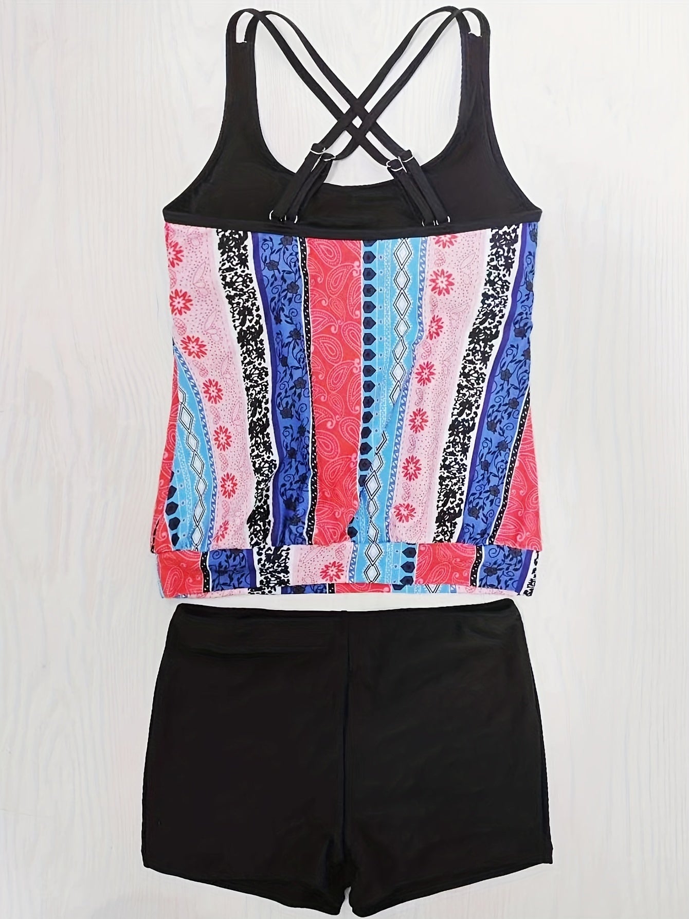 Tribal Style Tankini Set Criss Cross Straps Boxer Short Bottom Swimsuit