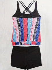 Tribal Style Tankini Set Criss Cross Straps Boxer Short Bottom Swimsuit