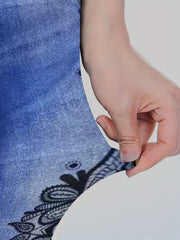 Denim & Floral Print High Rise Leggings